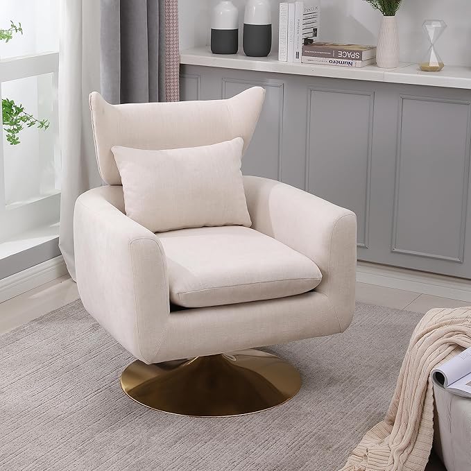 JOSHEN 360 Swivel Accent Chair IndoorModern Linen ArmchairComfortable Upholstered Lounge Chair with Metal Base for Living RoomApartmentOfficeBeige