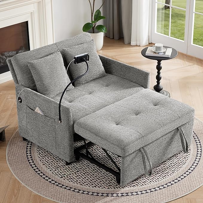 Sleeper Loveseat with USB and Type-C Ports 3 in 1 Convertible Sofa Bed with Phone Holder Pull Out Sofa Bed Loveseat Sleeper Sofa for Living Room Adjustable Backrest Side Pockets Light Grey