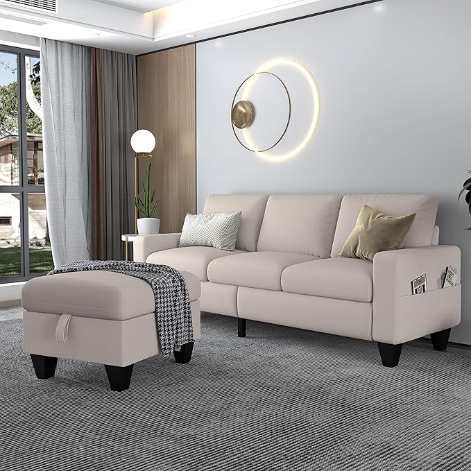 78'' Convertible Sectional Sofa Couch: Beige 3 Seat L-Shaped Sofa Couches with Storage Ottoman and Pockets - Modern Linen Upholstered Sofa Couch Sets for Living Room Office Apartment Small Space