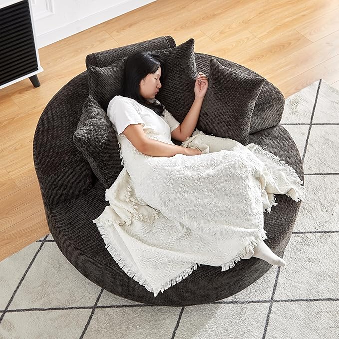 KEIKI 55 Oversized Swivel Accent Chair Chenille Large Barrel Chairs Upholstered Round Swivel Chair Single Sofa Armchair Sleeper Chair for Living Room Lounge Black