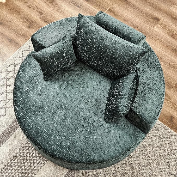 55''W Oversized Round Chair with PillowsComfy Chenille Single ChairOversized Accent Chair with Deep Seat Modern Large Reading Chairs for Living Room &amp Bedroom (Green)