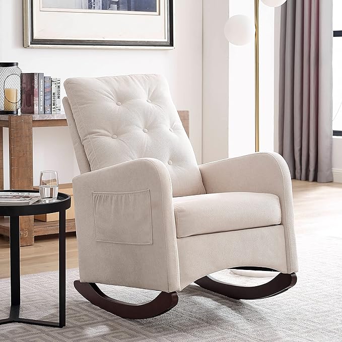 25.6 W Modern Accent High Backrest Living Room Lounge Arm Rocking Chair Two Side Pocket