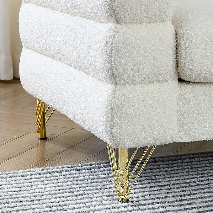 81 Sectional Sofa with 3 PillowsOversized Teddy Fabric Couch W/Polished Metal Legs and Streamline Designfor Living RoomBedroomApartmentWhite