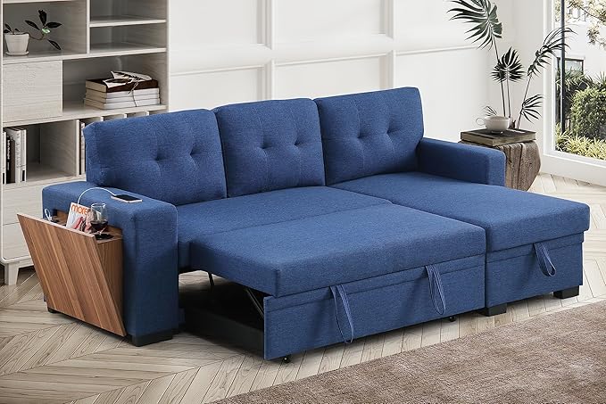 Ball &amp Cast L-Shape Reversible Sectional Sleeper Sofa Bed4 in 1 Pull Out Couch with Storage Chaise USB Ports &amp Cup HolderConvertible Sleeper Corner Couch Pull-Out Sofa Bedfor Living RoomOf