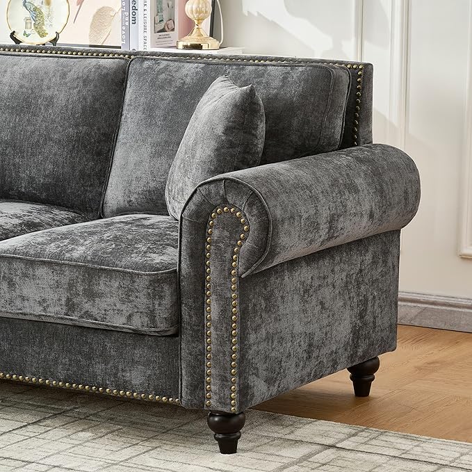 86.5 Chenille Sofa Couch 3-Seater | Modern Chesterfield Sofa with Traditional Rolled Arms Nailhead Trim &amp Solid Wood Frame | Living Room Upholstered Couch | Grey