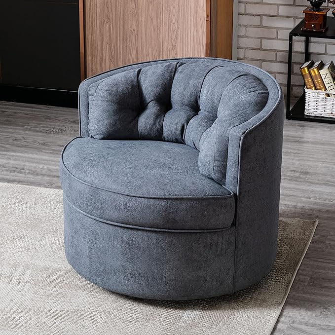 Swivel Accent Barrel Chair 33 Tufted Back Fabric Sofa Barrel Chair Modern Round Lounge Club Chair for Living Room Bedroom Hotel (Grey+Round+L)