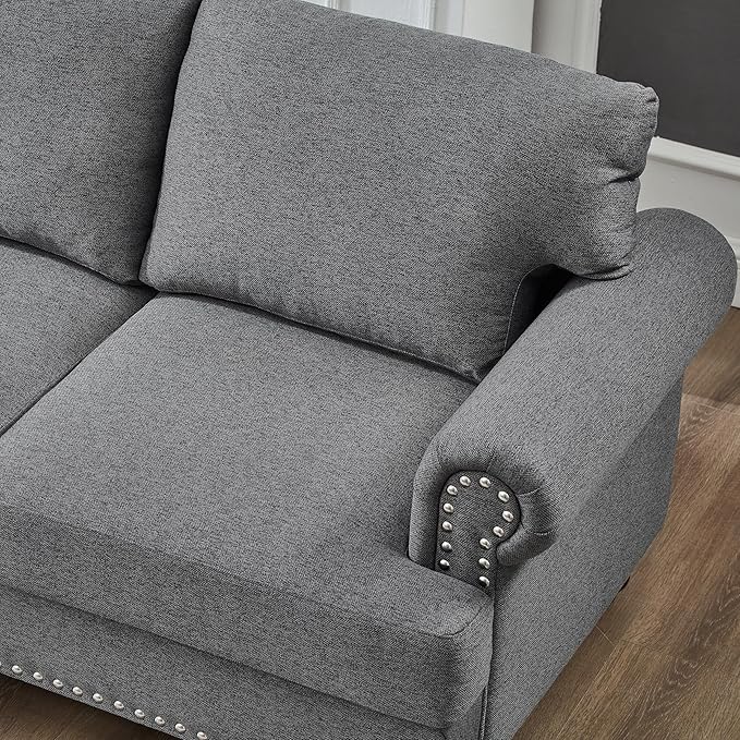 2 Pieses Living Room Sofa Sets Linen Fabric Couch and Loveseat with Nailhead Decor Soild Wood Legs Rolled Armrests &amp Storage 2PCS Sofas 3 Seaters Couch and Love Seat for Living Room Furniture S