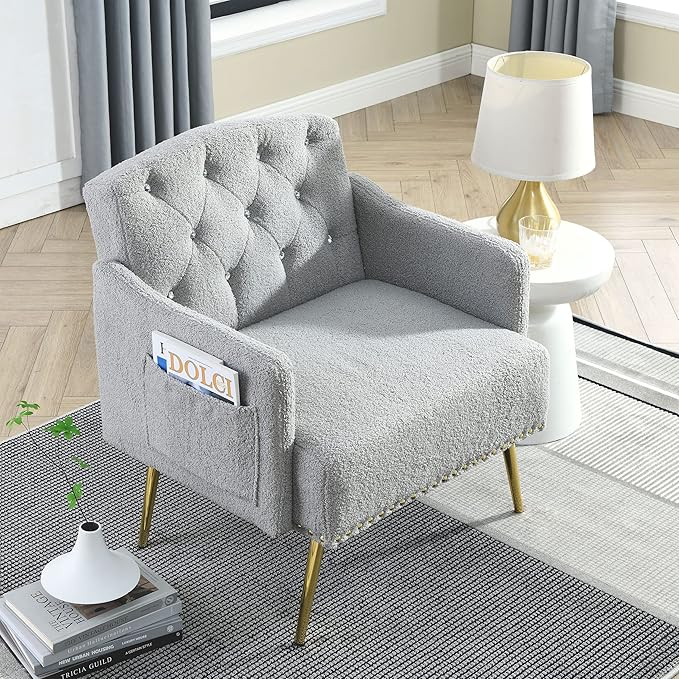 30 W Modern Chesterfield Tufted Upholstered Chair with Deep Buttons Living Room Chair Comfortable Armchair Gold Hardware Legs Tufted Chair for Reading or Relaxing Grey Teddy