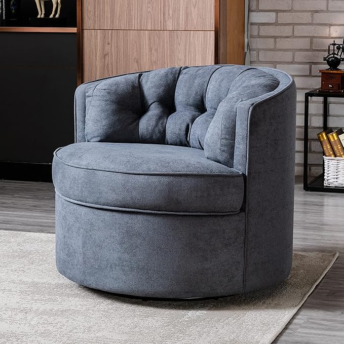 Swivel Accent Barrel Chair 33 Tufted Back Fabric Sofa Barrel Chair Modern Round Lounge Club Chair for Living Room Bedroom Hotel (Grey+Round+L)