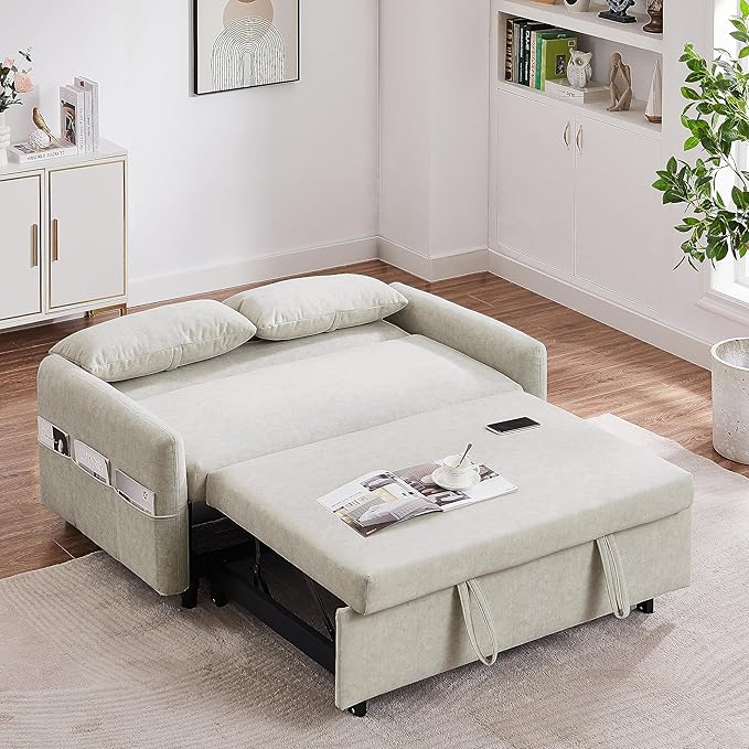 55.1 Pull Out Sofa Bed 2 Seater Loveseats Sofa Couch with Adjustable Backrest Storage Pockets 2 Soft Pillows Convertible Sleeper Sofa Bed for Living Room Bedroom Apartment Office (Beige 091)