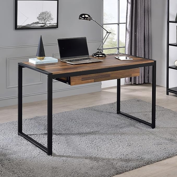 HOMES: Inside + Out Siggers Industrial 1-Drawer Metal USB Port 51 in. Desk for Study Room Home Office Living Room Sand Black and Natural Brown