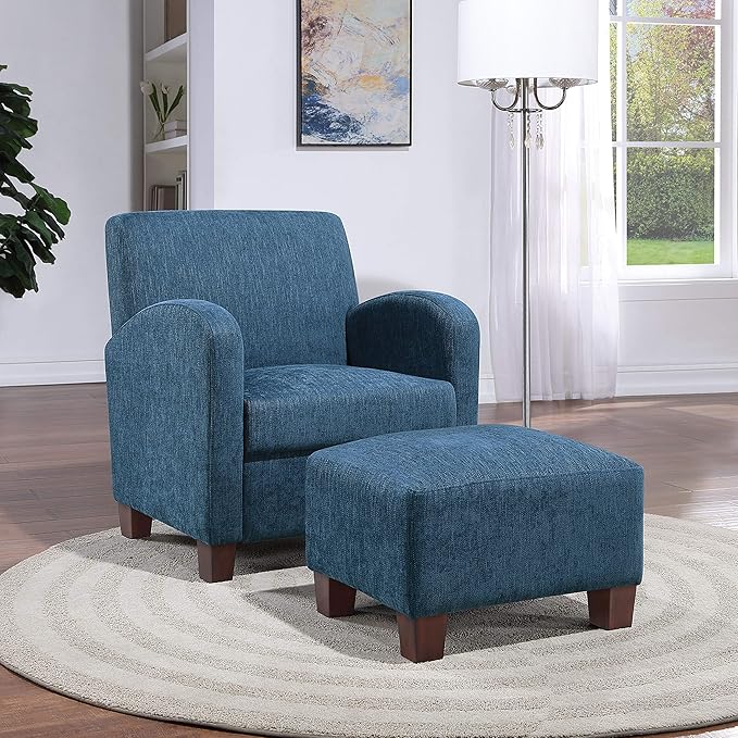 OSP Home Furnishings Aiden Club Accent Chair and Matching Ottoman with Medium Espresso Legs Herringbone Navy Fabric