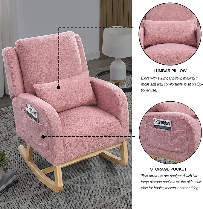 Nursery Rocking Chair Glider Chair with Side Pockets and Pillow Upholstered Side Chair with Rubber Wood Legs Comfy Accent Arm Chair for Bedroom Living Room (Pink Teddy)