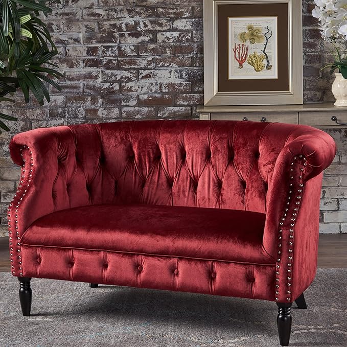 GDFStudio Melaina Tufted Chesterfield Velvet Loveseat with Scrolled Arms Garnet and Dark Brown