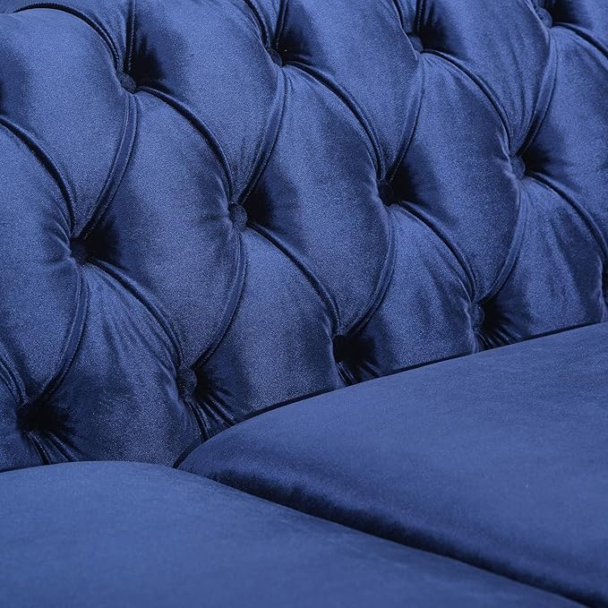 GDFStudio Noble House Parkhurst Tufted Chesterfield Velvet Sofa in Midnight Blue and Brown