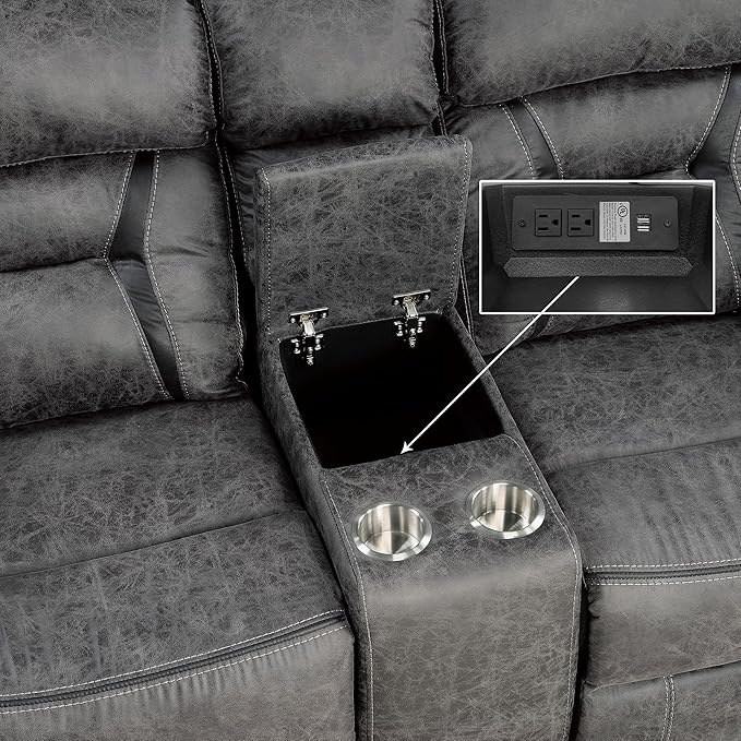 Homelegance Reclining Loveseat Polished Microfiber Manual Double Recliner Loveseat with Center Console Gray