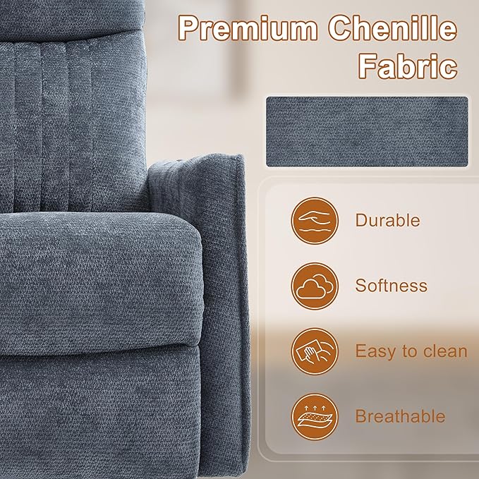 Manual Swivel Rocker Recliner Chair for Adults Overstuffed Reclining Glider Chair for Nursing with Vibration Massage &amp Heat Living Room Rocking Recliner 2-Stage backrest Chenille Fabric Blue