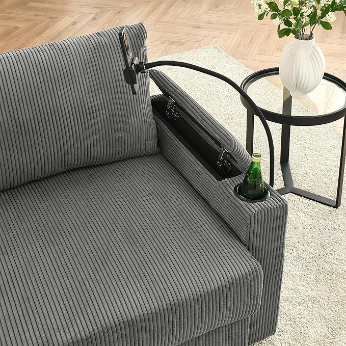 Accent Chair with Storage ArmrestComfy Living Room Chairs with 8'' CushionTwo Cup Holders A Phone Holder for Living RoomGrey