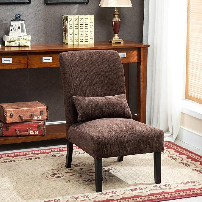 Roundhill Furniture Chocolate Pisano Chenille Fabric Armless Contemporary Accent Chair with Matching Kidney Pillow
