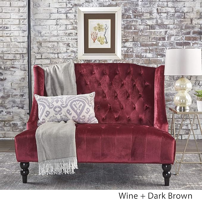 Christopher Knight Home GDFStudio Leona Modern Glam Tufted Velvet Wingback Loveseat Wine and Dark Brown 34.00 ''D x 50.25‘’W x 38.50'' H