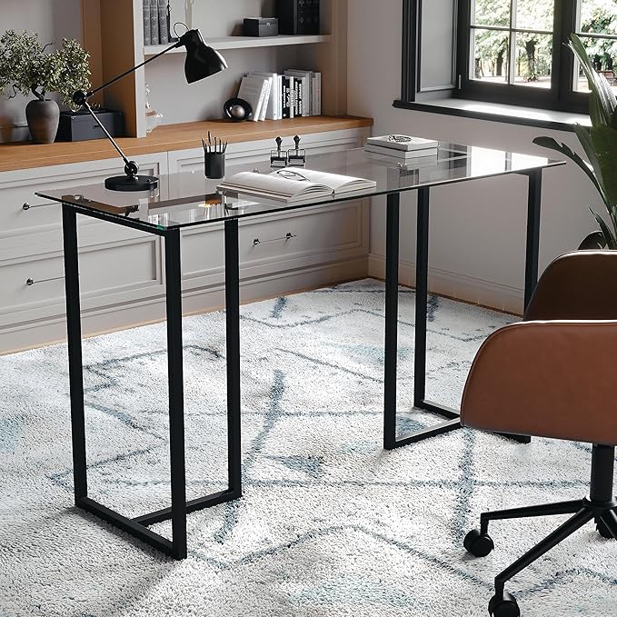 Martha Stewart Eli Home Office Desk with Glass Top and Steel Frame Oil Rubbed Bronze