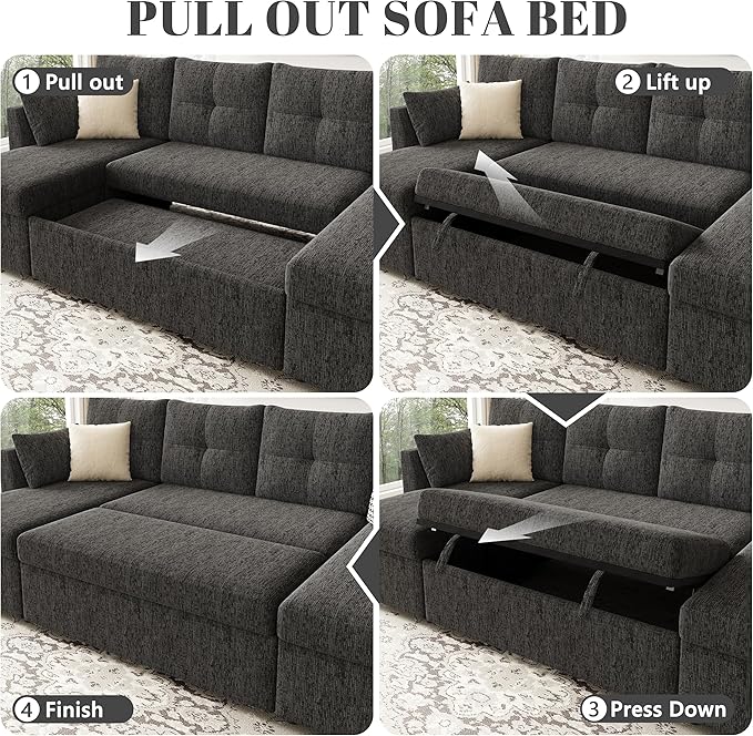 Oversized Sleeper Sofa Couch 110 inch 2 in 1 Pullout Couch Bed with Side Pockets for Living Room Sectional Sleeper Sofa Bed with Double Storage Chaise Black