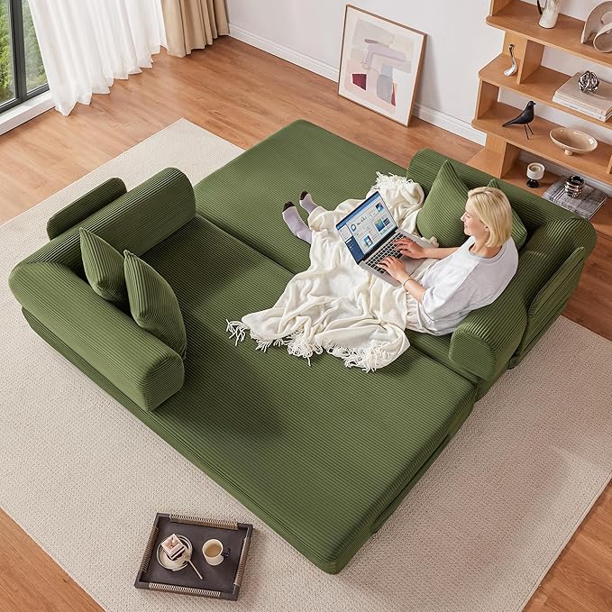 79 Oversized Boneless Couch with 4 Pillows5 in 1 Convertible Sleeper Futon Sofa Bed with Deep SeatCorduroy Foldable Modular Floor Pull Out Couch for Living RoomNo AssemblyGreen