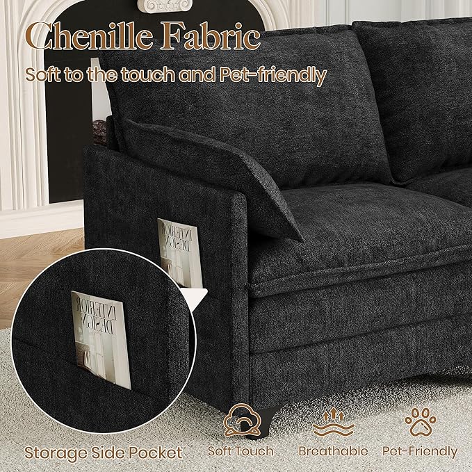 106 L Shaped Modern Modular Sectional Sofa Chenille Cloud Couch with Storage Ottoman Deep Seat Couches with Side Pocket for Living Room Bedroom and Apartment Dark Grey