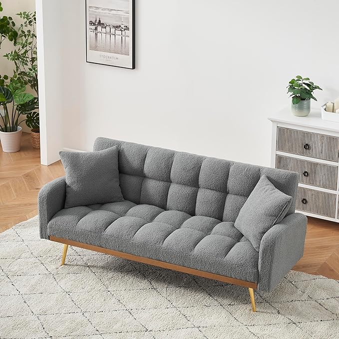 69 Convertible Sofa Bed with Two Throw Pillows Suitable for Living Room Bedrooms Offices Gray