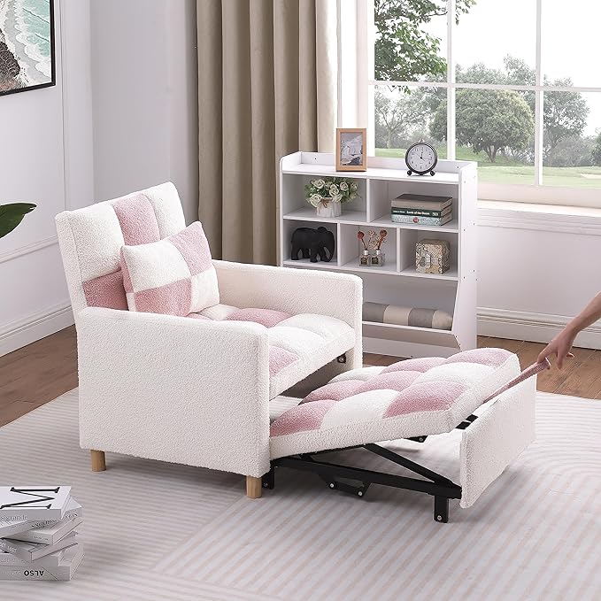 Sleeper Sofa Bed 3-in-1 Convertible Chair Bed Multi-Functional Sleeper Chair Soft Teddy Fabric for Living Room Apartment Office (White&ampPink)