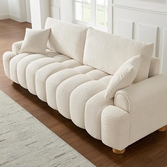 VANOMi Boucle Sofa Couch 91 Comfy Tufted Upholstered Cloud Couches Modern 3 Seater Sofa with Pillows Oversized Deep Seat Sherpa Couch for Living Room Bedroom Apartment (White)