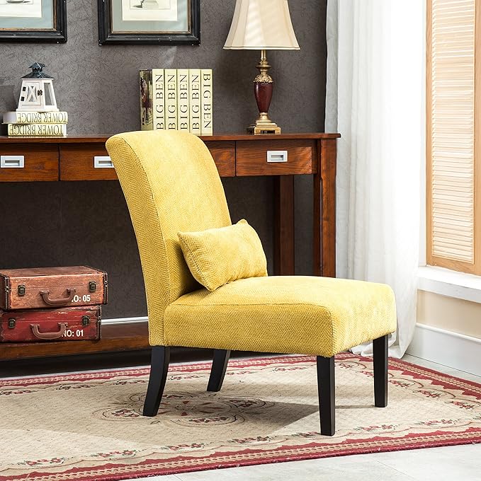 Roundhill Furniture Yellow Pisano Chenille Fabric Armless Contemporary Accent Chair with Matching Kidney Pillow