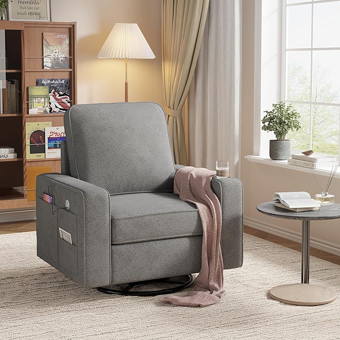 Swivel Square Accent Chair with Wide Armrests360° Rotating Comfy Single Sofa Chairs with USB/Type-CCup Holder &amp Side PocketModern Armchair for Living Room Bedroom Reading Lounge NookLight Grey