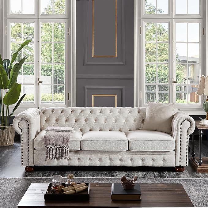 ERYE 88-Inch Classic 3 Seat Chesterfield Sofa Couches for Living Room Bedroom Classic Button Tufted Linen Fabric Upholstered Chesterfield Sofa CouchWood Legs