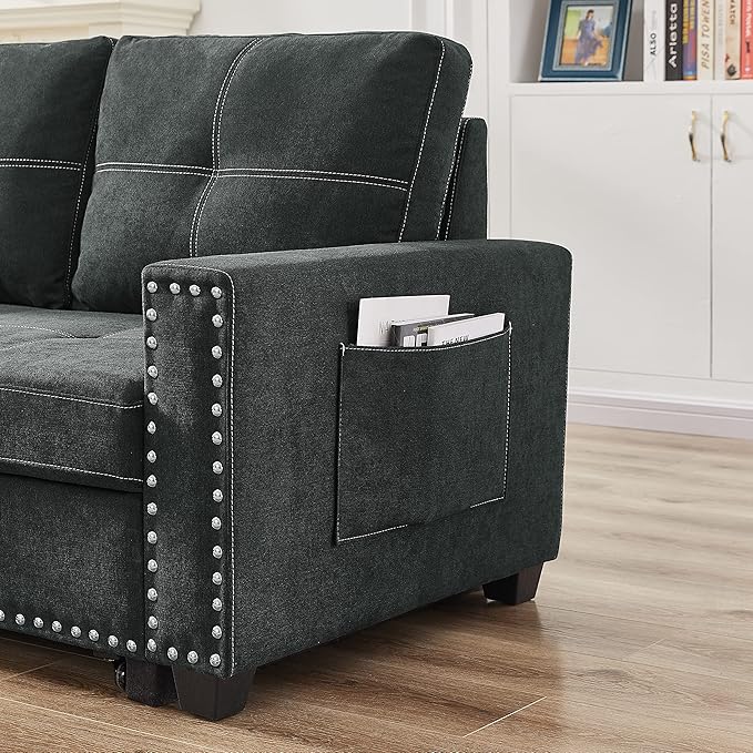 Ucloveria Reversible Sectional Sofa Couch Sleeper Sofa Bed with Storage Chaise Pull Out Couch Bed for Living Room L-Shape Lounge 2 in 1 Sectional Couch with Pull Out Bed Black