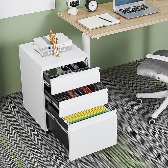 3 Drawer Mobile File Cabinet Under Desk Office with Lock Metal Filing Cabinet to be Installation Required Under Desk Metal Filing Cabinets Legal/Letter/A4 File (White)