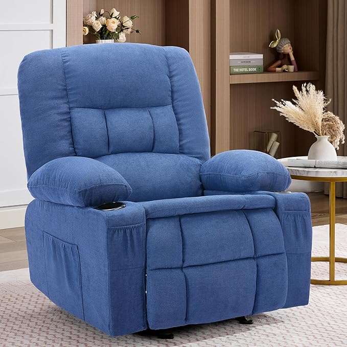 Rocker Recliner Chair with Massage and Heat Nursery Rocking Chairs for Living Room Recliner Chair for Adults Ergonomic Comfy Relining Chair with Cup Holders USB Charge Port Side Pockets Blue