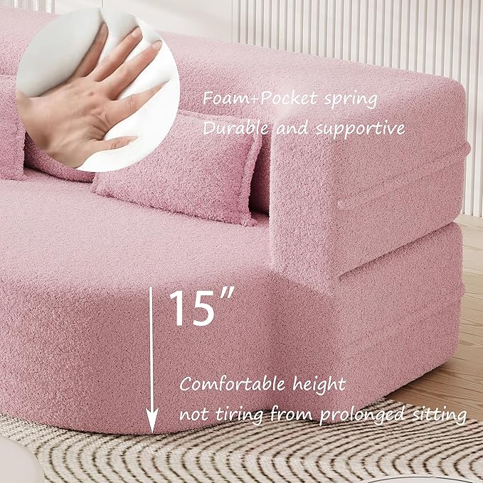 78 Convertible Folding Sofa Bed 2-in-1 Full Size Floor Boneless Couch Bed Loveseat sleeper Couch  Teddy Floor Sofa Memory Foam Sleeper SofaBed Small couches for small spaces No Assembly (Pink)