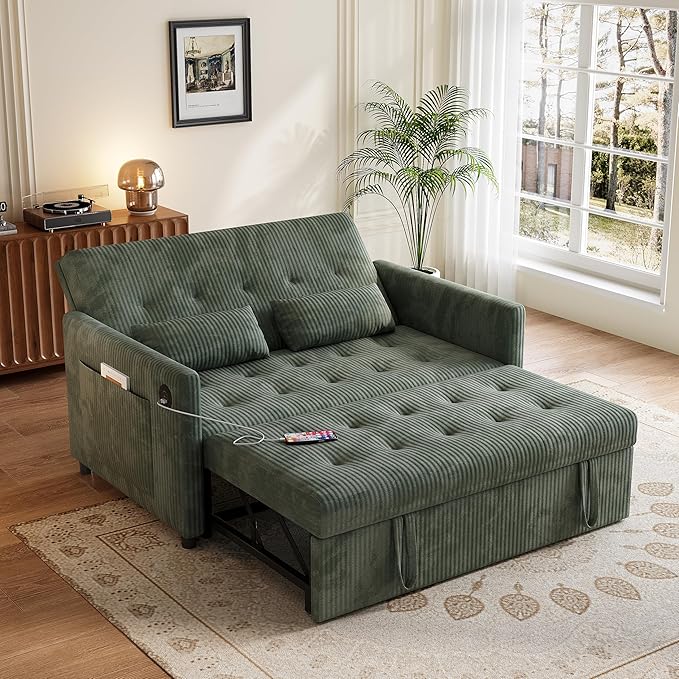 Sofa Bed Loveseat 3-in-1 Sleeper Sofa with Pull Out Bed Pockets and USB Modern 2 Seater Convertible Small Couch for Living Room Bedroom Apartment (Green Corduroy)