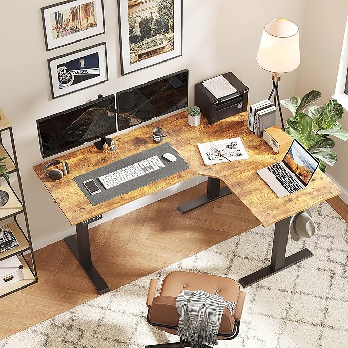 BANTI Triple Motors 63 L Shaped Standing Desk Height Adjustable Electric Stand up Corner Desk Sit Stand Home Office Desk Computer Workstation with Memory Preset Rustic Brown Top