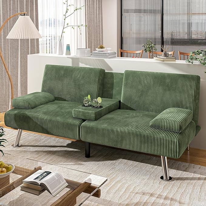 Shahoo Modern Upholstered Convertible Folding Futon Sofa Bed with Removable Armrests Metal Legs 2 Cup Holders for Living Room Green