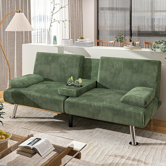 Shahoo Modern Upholstered Convertible Folding Futon Sofa Bed with Removable Armrests Metal Legs 2 Cup Holders for Living Room Green