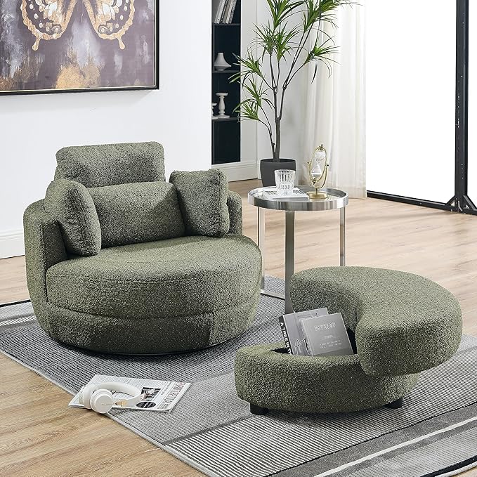 kevinplus Swivel Barrel Chair Accent Chair with Storage Ottoman for Living Room Modern Round Upholstered Single Sofa Couch Chair for Apartment Bedroom Teddy Fabric Green (ø39'' x 30.5'')