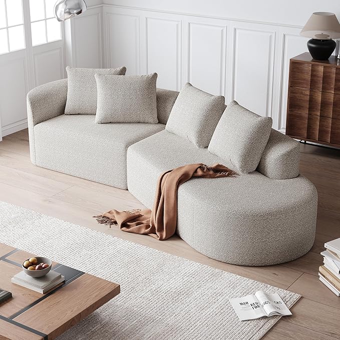 KEIKI 112 inch Curved Sectional Sofa 4 Seater Cloud Couch with 4 Throw Pillows Deep Seat Right-Facing Leisure Lounge Sofa for Living Room Beige