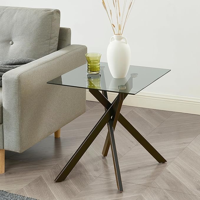 Edwin's Choice Black Square Glass Side &amp End Table with Grey Tempered Glass Top and Black Metal Tubular Legs with Gold Rim 20”Dx20”Wx22”H