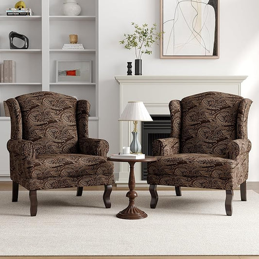 High Back Accent Chairs Set of 2 Mid Century Modern Upholstered Armchair Comfy Fabric Club Accent Chair with Solid Wood Legs Single Reading Chair for Bedroom Living Room (Cranberry)