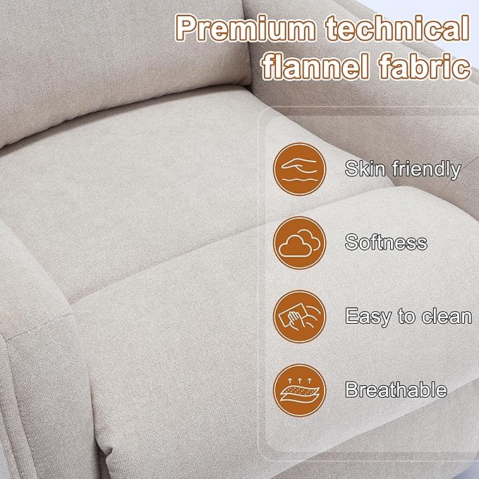 Manual 360° Swivel Rocker Recliner Chair for Adults Overstuffed Glider Chair for Nursery with Vibration Massage and Heat Comfy Soft Fabric Glider with Side Pockets for Living Room Beige
