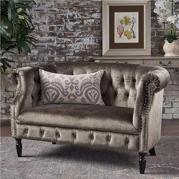 Christopher Knight Home Milani Tufted Scroll Arm Velvet Loveseat Grey / Dark Brown