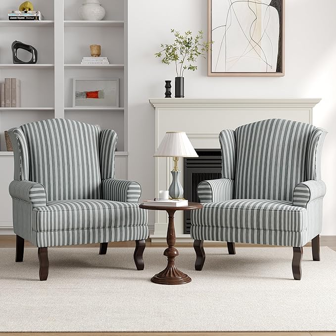 High Back Accent Chairs Set of 2 Comfy Upholstered Fabric Armchair for Living Room Mid Century Modern Club Accent Chair with Solid Wood Legs Single Sofa Reading Chair for Bedroom Gray Stripe