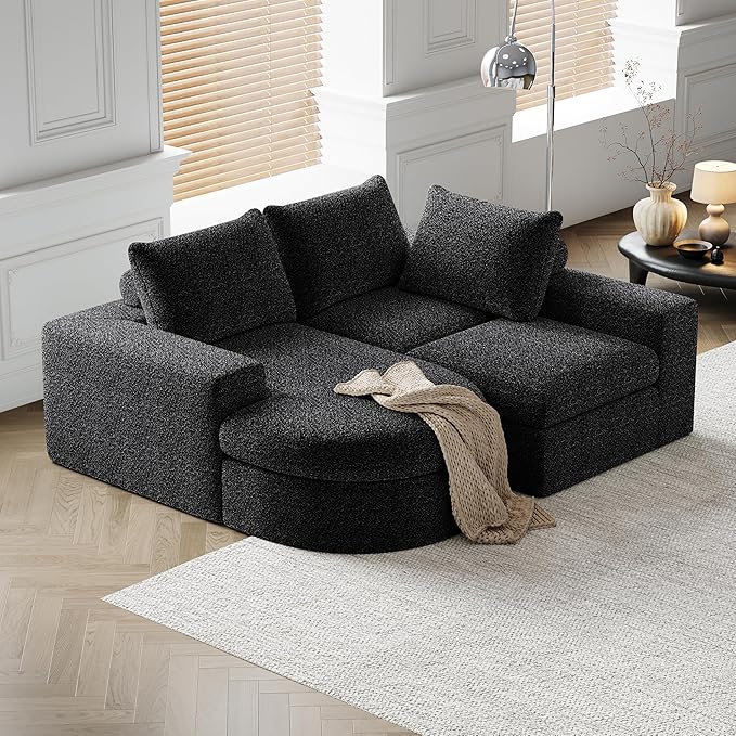 roomfitters 99 Modern Chenille Cloud Curved Sectional Sofa with Chaise L-Shaped Couch for Living Room or Apartment Black